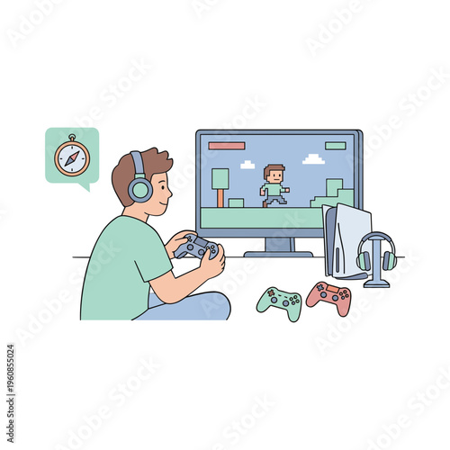 A man wearing headphones plays a video game on his computer with controllers.