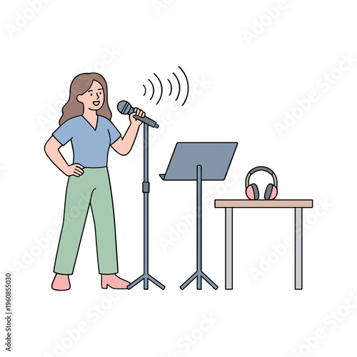 A woman sings into a microphone standing confidently on stage with music sheet and headphones.