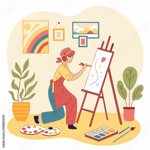 A woman painting on an easel with colorful brushes