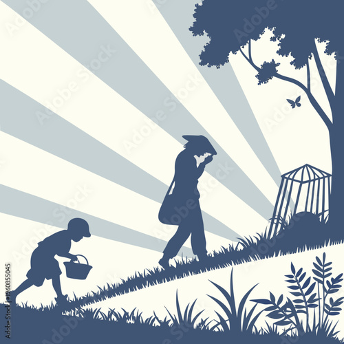 A woman and a child in a field with a birdcage