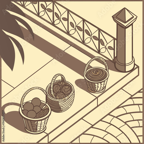 Three baskets of fruit on a balcony