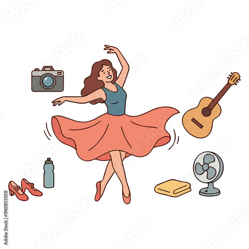 A woman dances happily with a guitar, camera, shoes, and other items around her indoors.