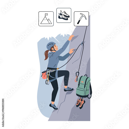 Woman climbing mountain with gear and backpack on rocky surface