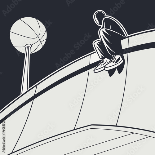 A man sitting on a skateboard ramp next to a basketball hoop
