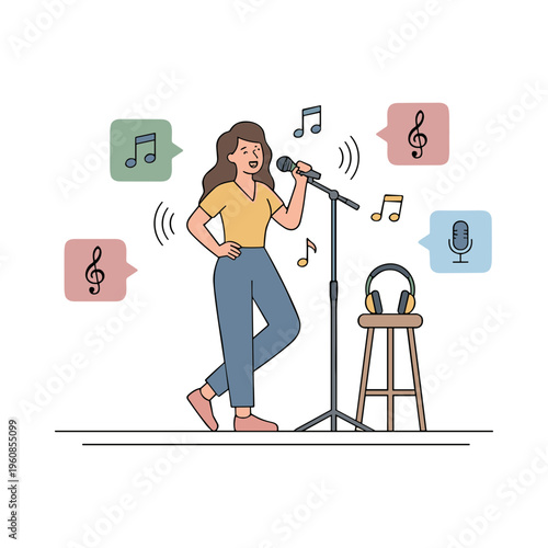 A woman sings enthusiastically into a microphone on stage with music notes floating around her.