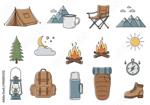 Collection of camping and outdoor adventure icons including tents, backpacks, campfires, and boots