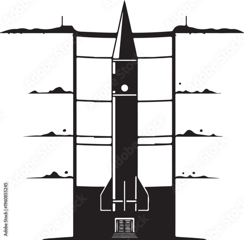 Black rocket ship, launch pad, space exploration, vector illustration