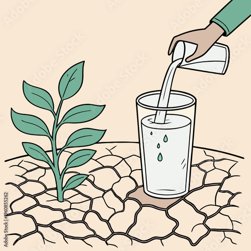 A hand is pouring water on a small green plant