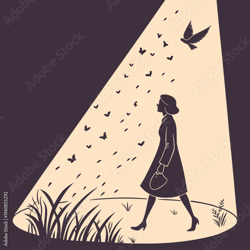 A woman walks through a field with birds flying around her