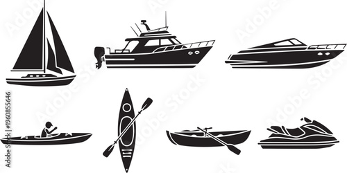 Boat Silhouettes Set: Nautical Vessel Icons for Marine and Summer Design