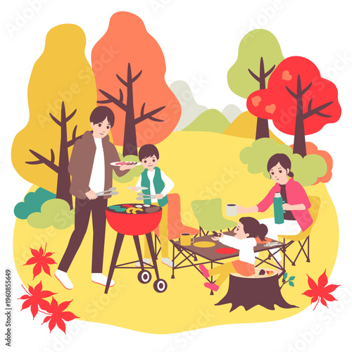 季節のファミリーイラスト（11月）紅葉の中でデイキャンプのバーベキューを楽しむ家族