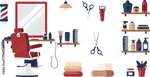Professional barbershop equipment vector set featuring vintage red barber chair scissors hair clippers mirror and grooming supplies for salon design
