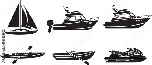 Boat and Watercraft Vector Icons Set: Yacht, Sailboat, Kayak, Jet Ski