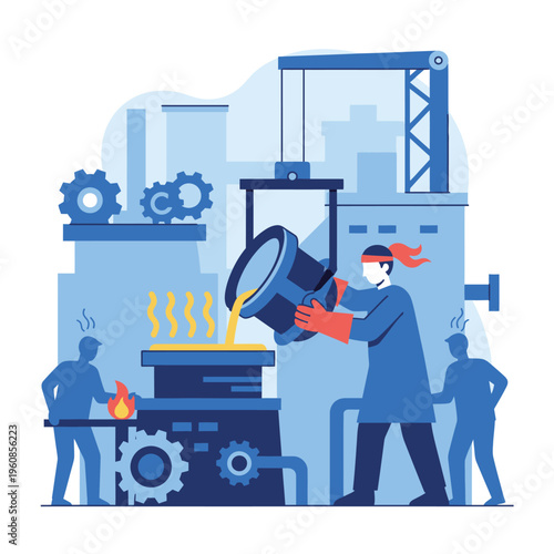 Industrial Foundry Workers Pouring Molten Metal.