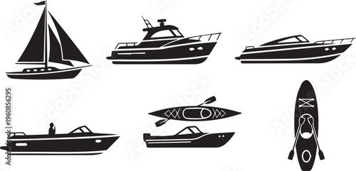 Boats and Watercraft Icon Set: Sailboat, Motorboat, Yacht, Kayak, Canoe, and Paddle Vector Collection