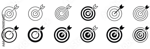 Dartboard Target Icon Set Arrow Hit Aim Success Goal Line and Glyph Vector Design