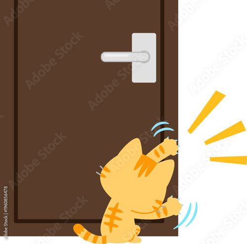 ドアを引っ搔いて開けようとするトラ猫