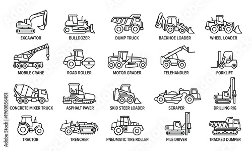 Collection of Detailed Line Icons Representing Construction Equipment and Heavy Machinery