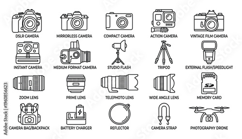 Diverse Photography Equipment Icons: Cameras, Lenses, and Accessories