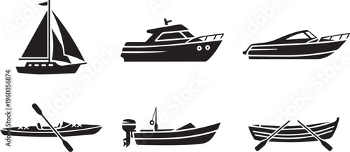 Black Boat Vector Icons Set: Sailboat, Yacht, Motorboat, and Rowing Boat Silhouette Collection