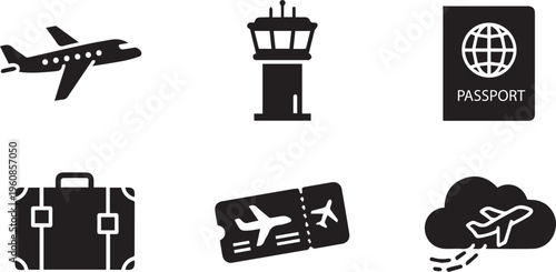 Black Travel and Aviation Icons Set: Airplane, Passport, Luggage, and Airport Tower