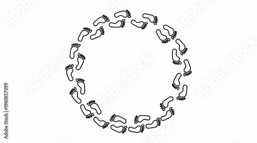 Circular Path Formed by Footprints Depicting a Continuous Cycle or Journey, Isolated White Background.