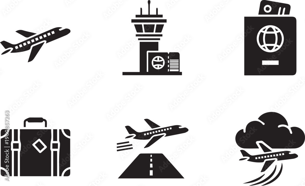 Fototapeta premium Airport and Aviation Icon Set: Airplane Takeoff, Passport, Suitcase, and Control Tower Silhouettes
