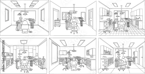 Dental office interior and treatment room line art vector set with dentist chair medical equipment cabinets and lights