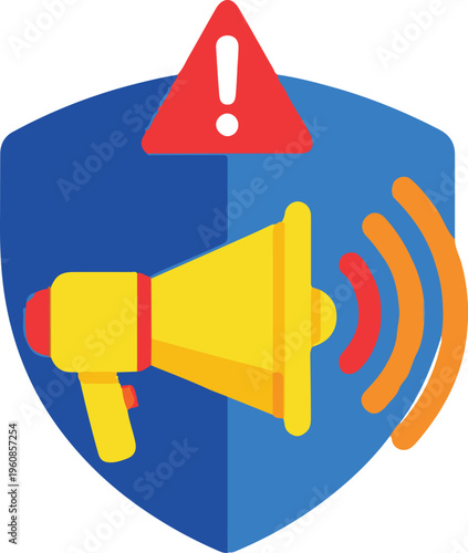 A shield displays a warning sign and a megaphone emits sound waves.