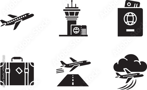 Airport and Aviation Icon Set: Airplane Takeoff, Passport, Suitcase, and Control Tower Silhouettes