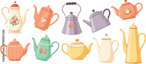 Vintage teapot and coffee pot vector collection featuring colorful floral ceramic kettles and porcelain tea sets for kitchen decor and cafe design elements