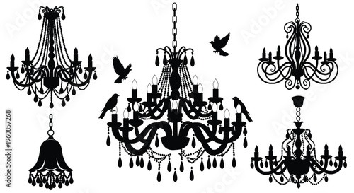 Set of decorative vintage chandeliers with birds