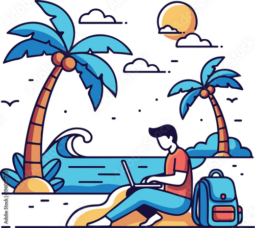 Man works on laptop at beach with palm trees and ocean view