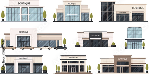 Modern luxury boutique storefront and premium retail building vector set with glass facades cars and urban commercial architecture