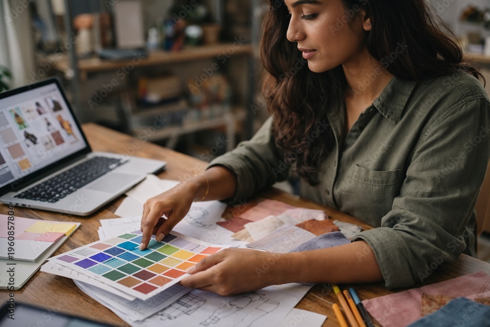 Fototapeta premium Creative designer choosing color palette working on project at desk