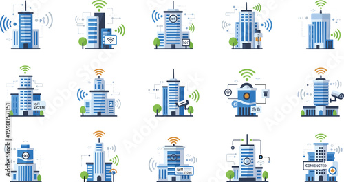 Smart city building vector icon set featuring connected skyscrapers with wireless signals IoT technology and digital urban infrastructure for modern metropolitan network and communication design