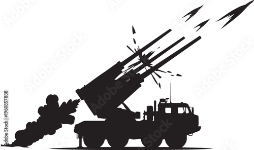 Military truck, missile launcher, rocket launch, silhouette, vector graphics