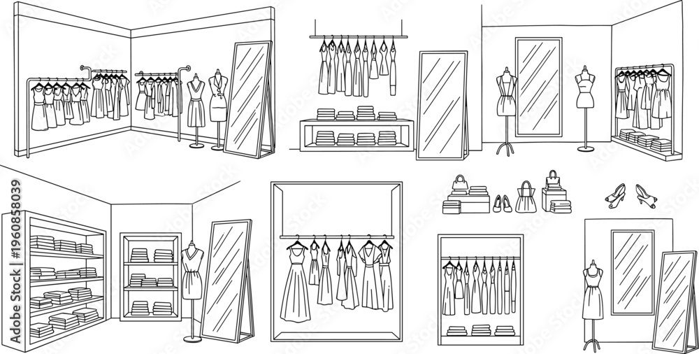 © NURUL - Minimalist fashion boutique retail store interior line art vector illustration set with clothing racks mirrors mannequins and apparel displays for architectural floor plan design © NURUL - Minimalist fashion boutique retail store interior line art vector illustration set with clothing racks mirrors mannequins and apparel displays for architectural floor plan design