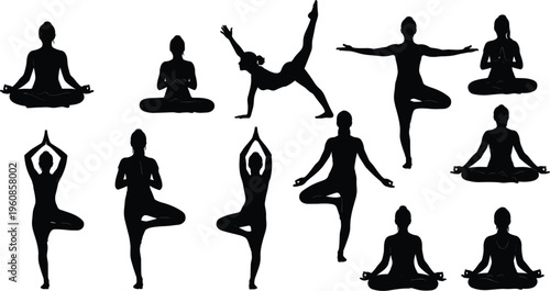 Yoga silhouettes set women meditation poses fitness wellness balance flexibility exercise healthy lifestyle illustration isolated on white background vector collection