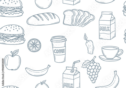 A charming hand-drawn sketch pattern featuring a delightful assortment of popular food and drink items, perfect for culinary-themed designs