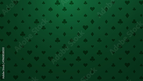 Elegant Poker Table Pattern with Playing Card Suits on Green Background. Seamless Casino Theme with Classic Style. Vector Illustration.