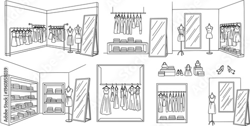 Minimalist fashion boutique retail store interior line art vector illustration set with clothing racks mirrors mannequins and apparel displays for architectural floor plan design