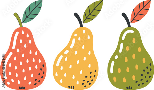 Collection of three pears with leaves and dots vector illustration