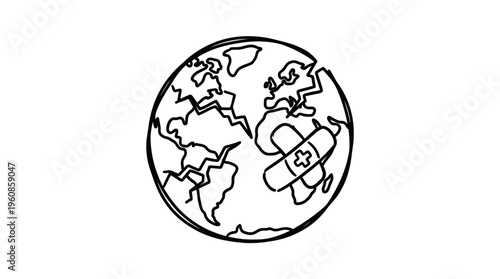 Earth globe with a medical plaster or bandage, symbolizing global healing, recovery, and environmental restoration, isolated white background.