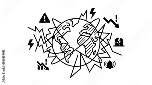 Earth globe with numerous warning symbols like lightning bolts, broken pieces, and exclamation marks, symbolizing severe global crisis and environmental chaos, isolated white background.