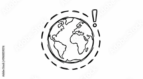 Earth globe surrounded by a dotted circular line with an exclamation mark, symbolizing global attention or crisis, isolated white background.