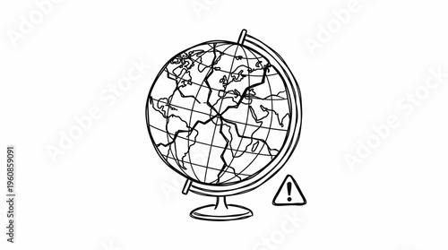Desktop Earth globe showing cracks and a warning triangle symbol, representing global crisis and fragility, isolated white background.