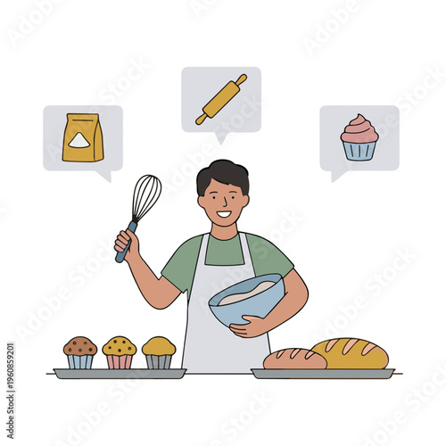 Man baking muffins and bread in kitchen with rolling pin and mixer