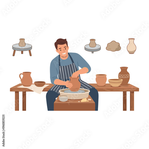 A man skillfully shapes clay on a potter's wheel in a workshop