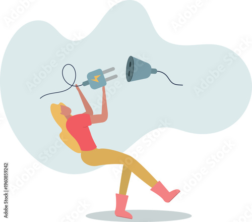 Woman Pulling Plug from Electrical Outlet .Safety and Energy Concept Vector Illustration